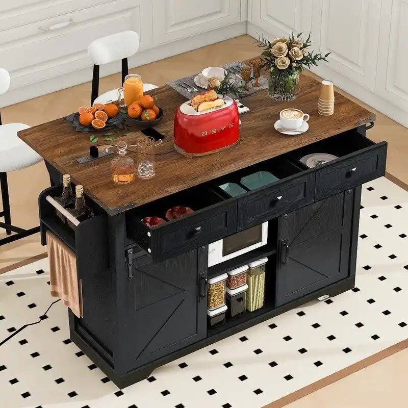 Farmhouse Kitchen Island with Power Outlet, Rolling Kitchen Cart with Drop Leaf