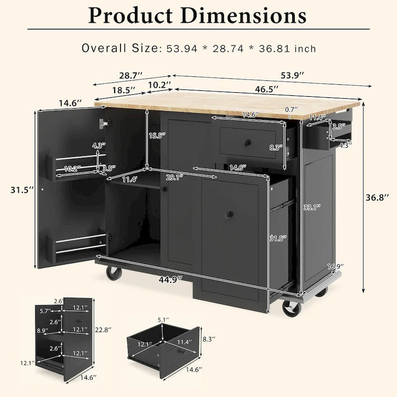 Kitchen Island with Drop Leaf, 53.9 Width Rolling Kitchen Cart on Wheels with Internal Storage Rack