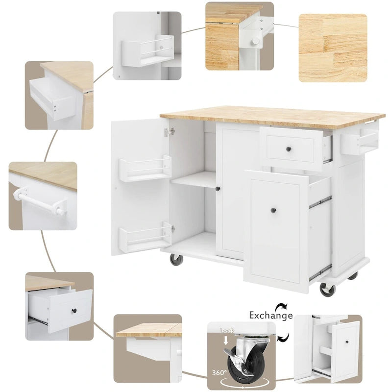 Kitchen Island with Drop Leaf, 53.9 Width Rolling Kitchen Cart on Wheels with Internal Storage Rack
