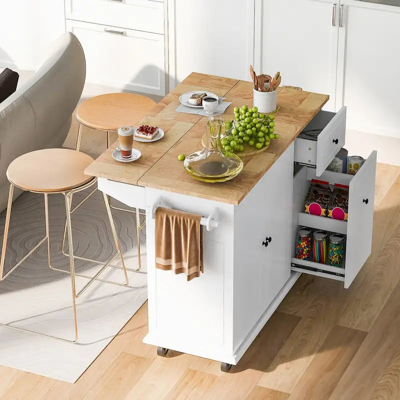 Kitchen Island with Drop Leaf, 53.9 Width Rolling Kitchen Cart on Wheels with Internal Storage Rack