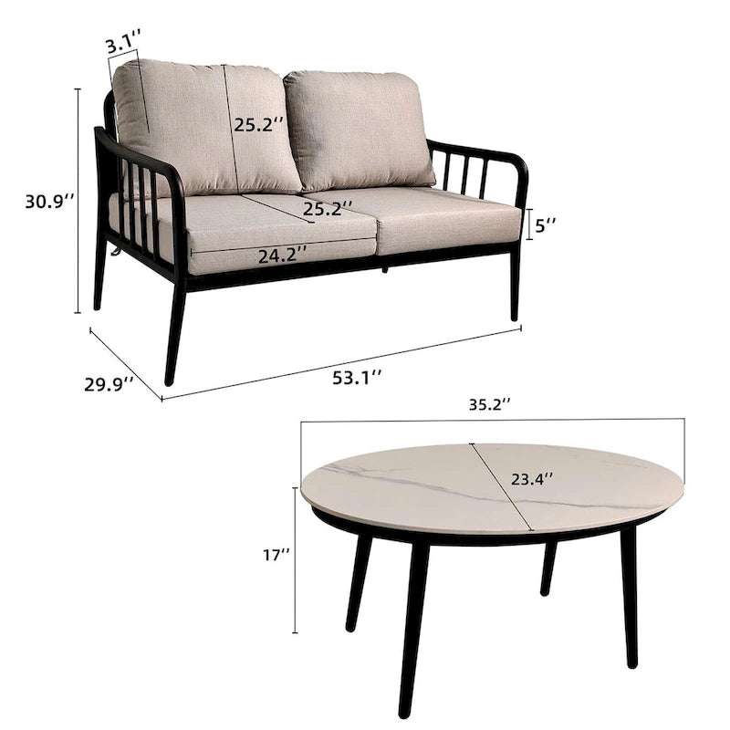 Modern Outdoor Conversation Set: Aluminum Loveseat and Oval Coffee Table in Ember Black