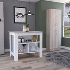 Roblar 8-Shelf 2-Door 2-piece Kitchen Set, Kitchen Island and Pantry Cabinet White and Light Gray