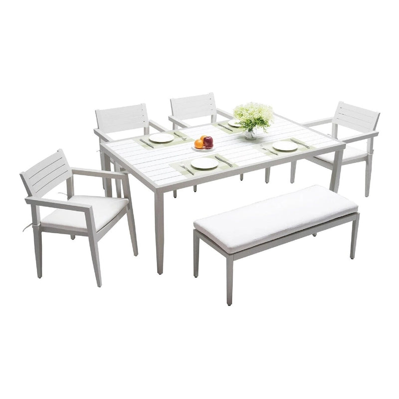 6-Piece Matte White Aluminum Outdoor Dining Set with Grayish Cushions and Umbrella Hole