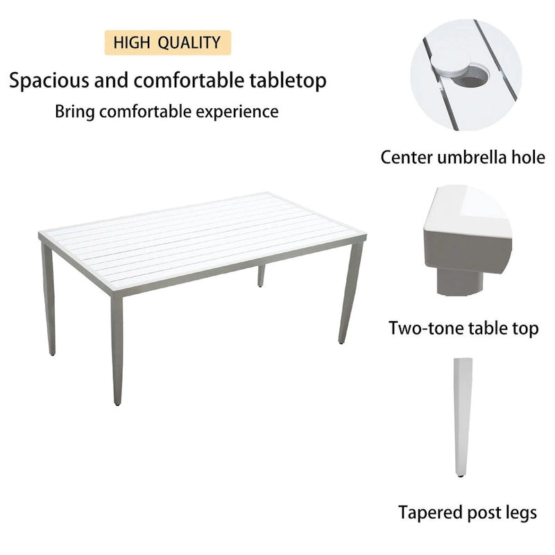 6-Piece Matte White Aluminum Outdoor Dining Set with Grayish Cushions and Umbrella Hole