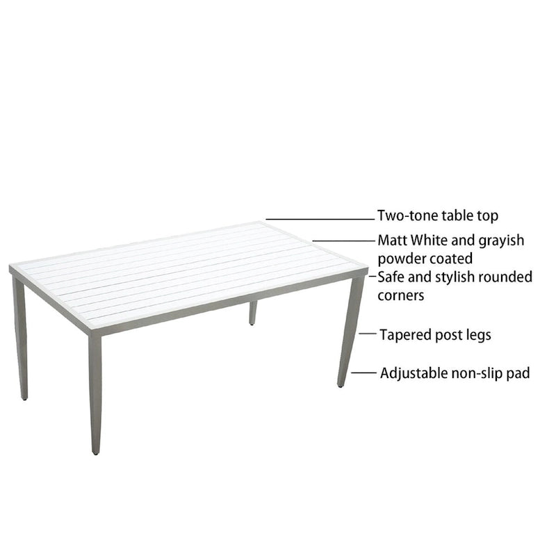 6-Piece Matte White Aluminum Outdoor Dining Set with Grayish Cushions and Umbrella Hole