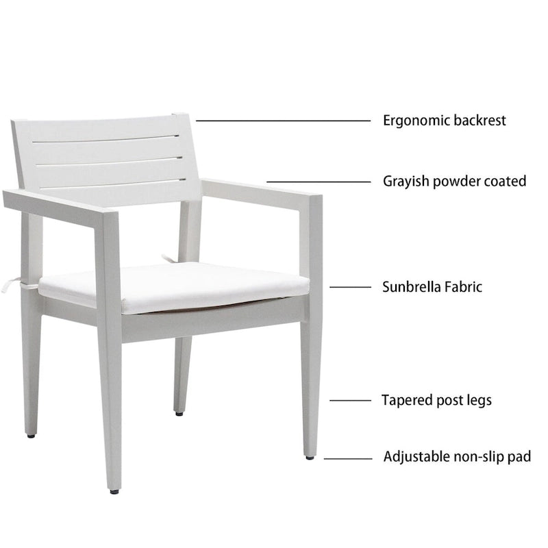 6-Piece Matte White Aluminum Outdoor Dining Set with Grayish Cushions and Umbrella Hole
