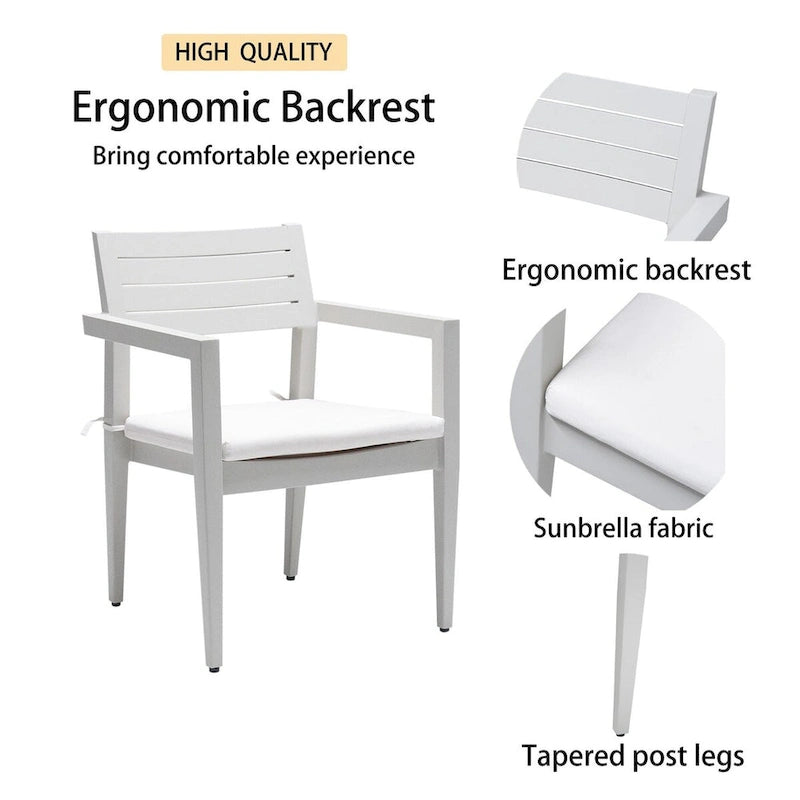 6-Piece Matte White Aluminum Outdoor Dining Set with Grayish Cushions and Umbrella Hole