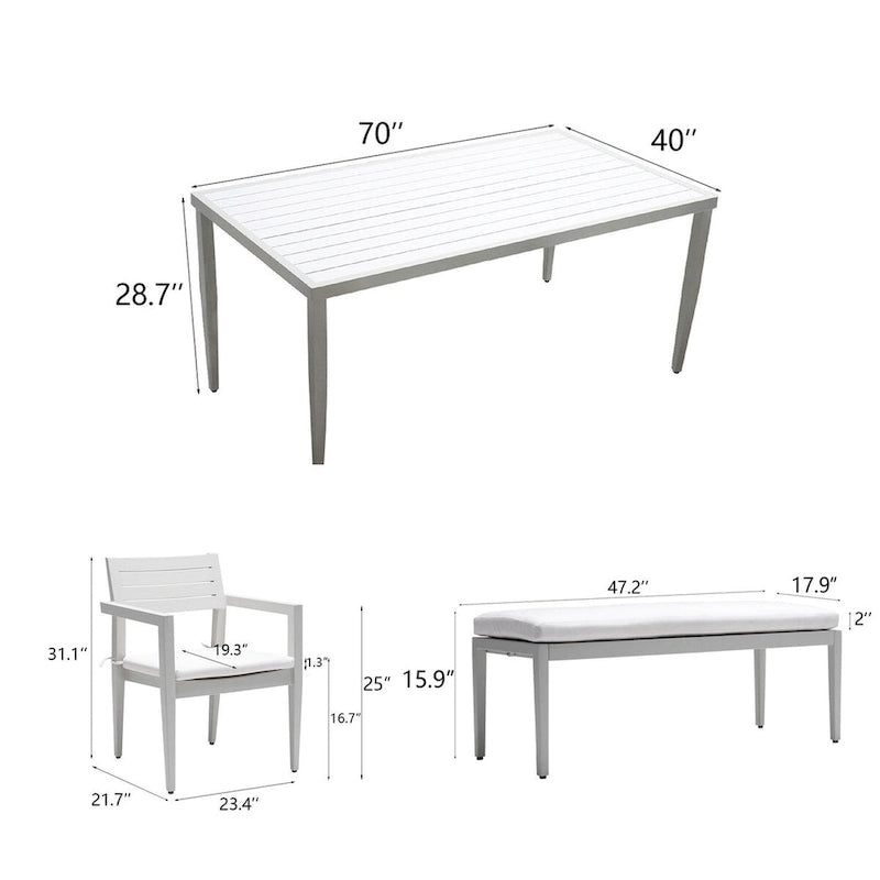 6-Piece Matte White Aluminum Outdoor Dining Set with Grayish Cushions and Umbrella Hole
