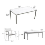 6-Piece Matte White Aluminum Outdoor Dining Set with Grayish Cushions and Umbrella Hole