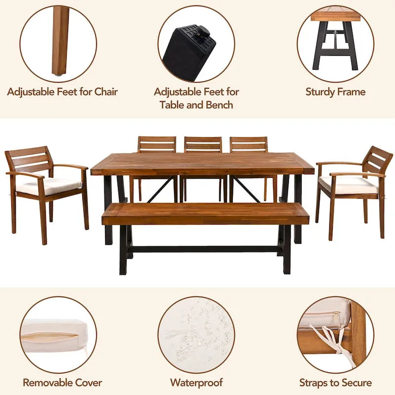 7-Pieces Outdoor Wood Dining Set with Removable Cushions and Bench
