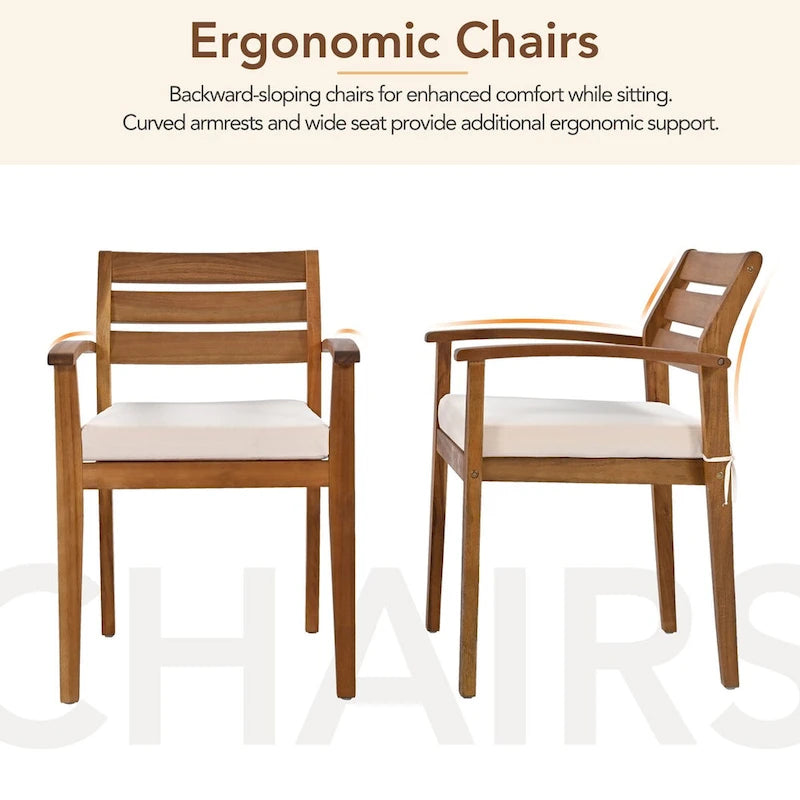 7-Pieces Outdoor Wood Dining Set with Removable Cushions and Bench