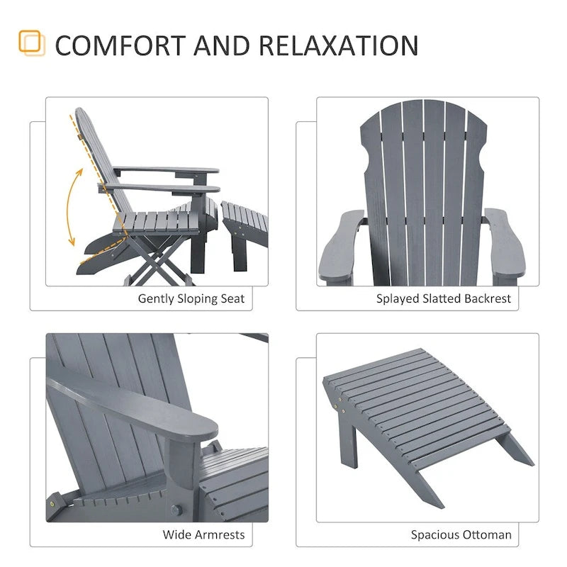 Folding Adirondack Chair w/Ottoman & Side Table,Wooden Fire Pit Chairs