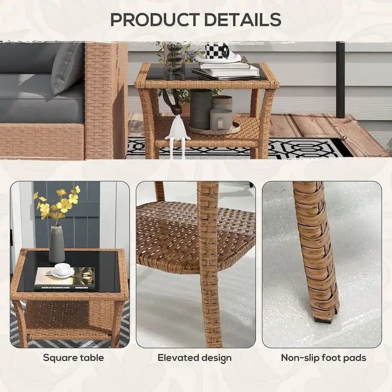 Rattan Side Table,Outdoor End Table with Storage Shelf,Aluminum Frame Square,Coffee Table with Tempered Glass Top