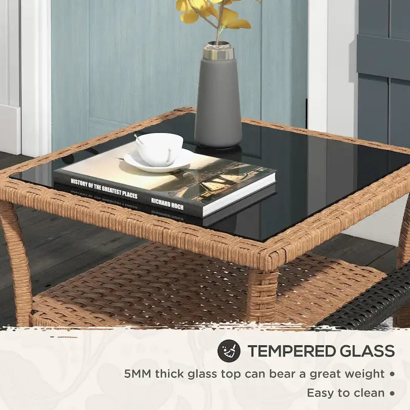 Rattan Side Table,Outdoor End Table with Storage Shelf,Aluminum Frame Square,Coffee Table with Tempered Glass Top