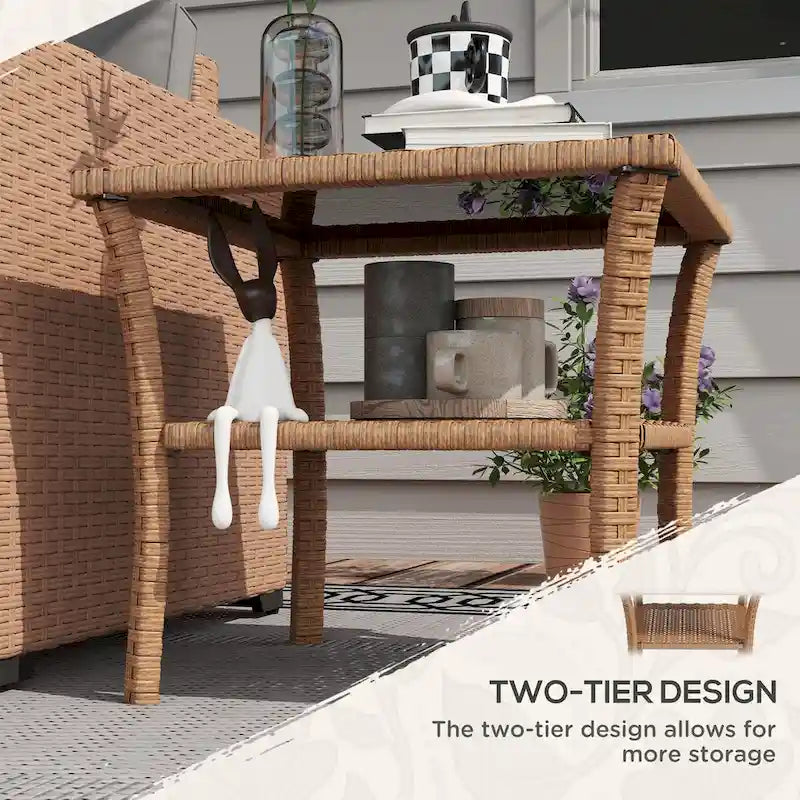 Rattan Side Table,Outdoor End Table with Storage Shelf,Aluminum Frame Square,Coffee Table with Tempered Glass Top