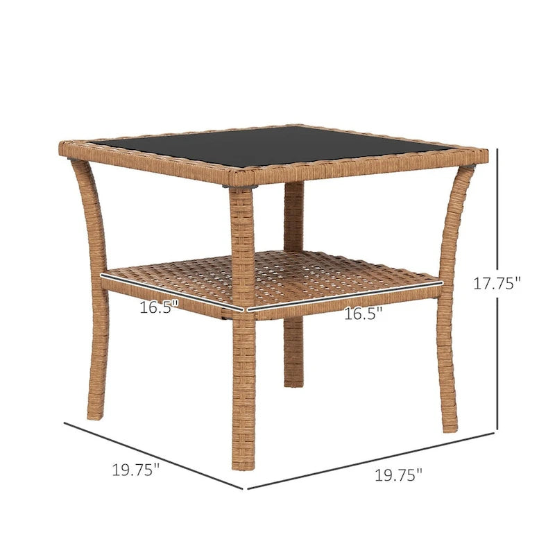 Rattan Side Table,Outdoor End Table with Storage Shelf,Aluminum Frame Square,Coffee Table with Tempered Glass Top