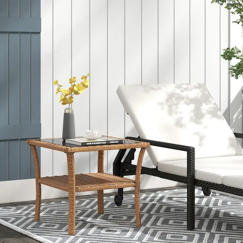 Rattan Side Table,Outdoor End Table with Storage Shelf,Aluminum Frame Square,Coffee Table with Tempered Glass Top