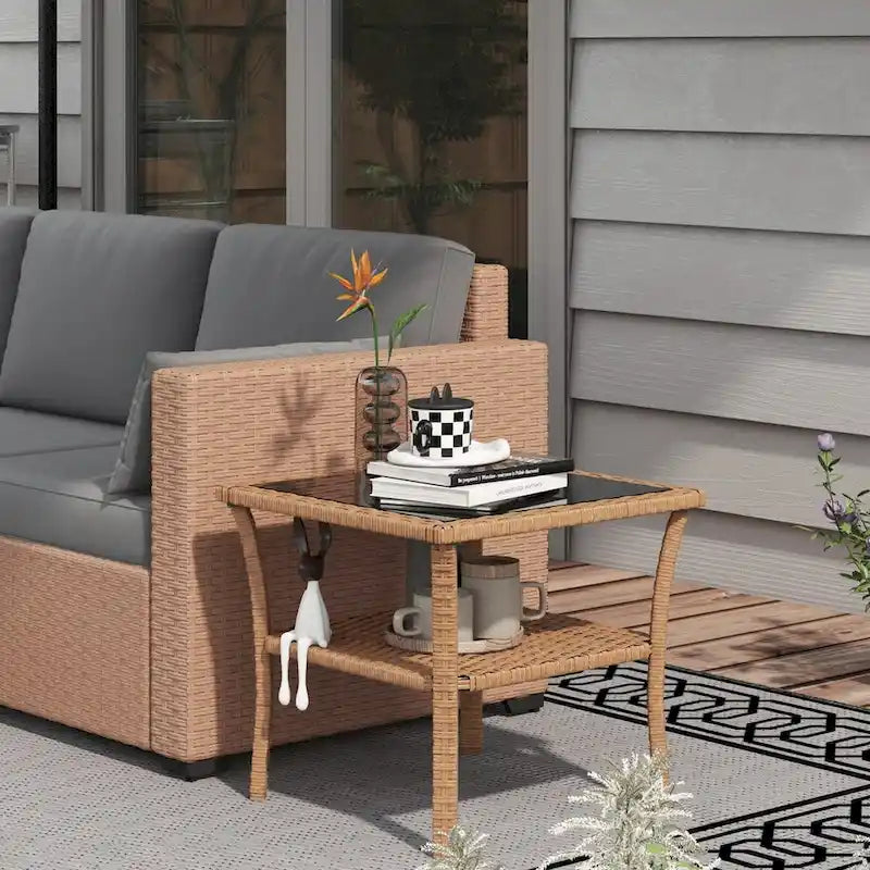 Rattan Side Table,Outdoor End Table with Storage Shelf,Aluminum Frame Square,Coffee Table with Tempered Glass Top