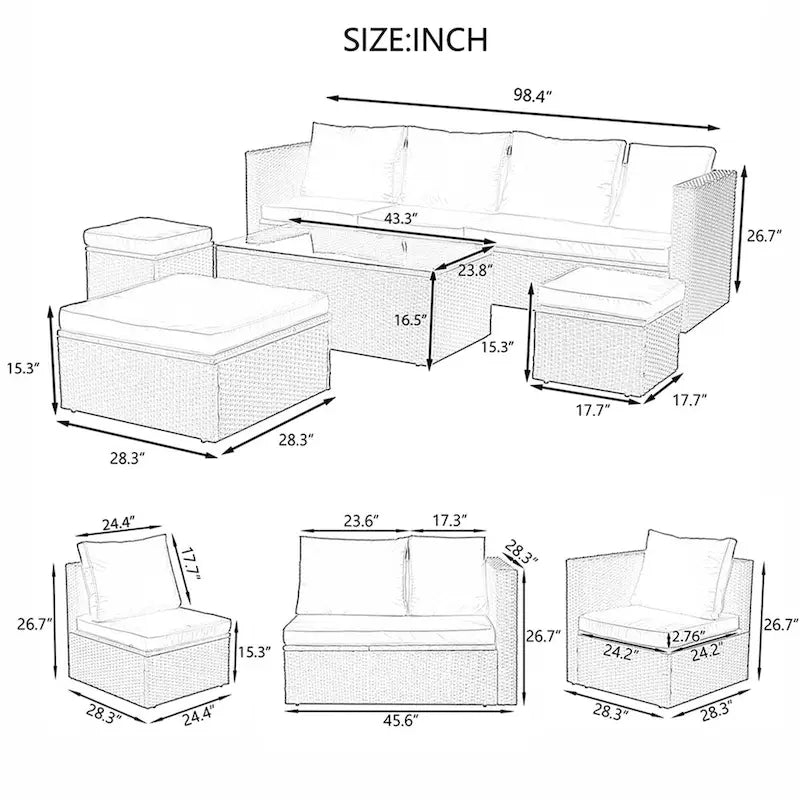 7 PCS Set Wicker Seasonal PE Wicker Sofa with Lounger Sofa