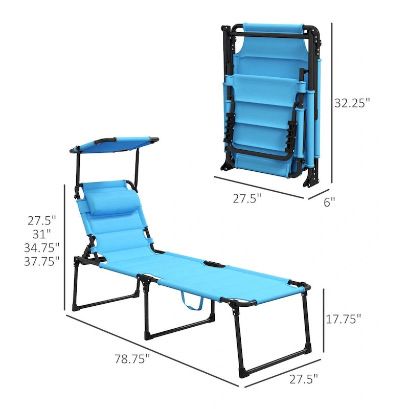 Outdoor Adjustable Backrest Folding Chaise Lounge w/Sunshade Roof