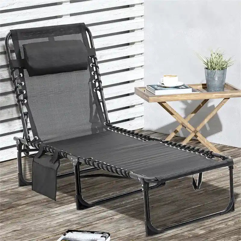 Portable Folding Sun Lounger with Adjustable Back and Removable Pillow