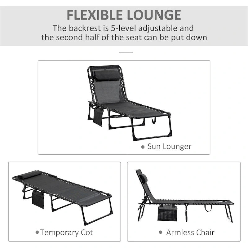 Portable Folding Sun Lounger with Adjustable Back and Removable Pillow