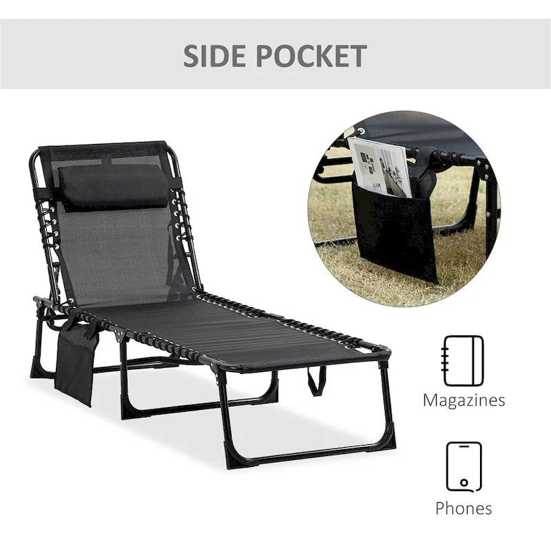 Portable Folding Sun Lounger with Adjustable Back and Removable Pillow