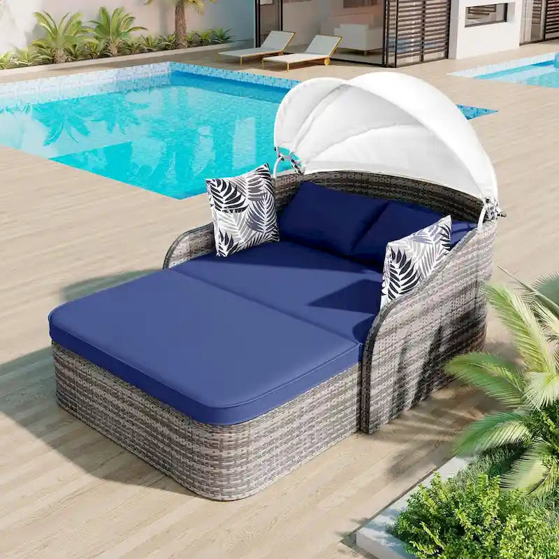 Oaks Aura Outdoor Sunbed with Adjustable Canopy, Daybed With Pillows, Double lounge, PE Rattan Daybed