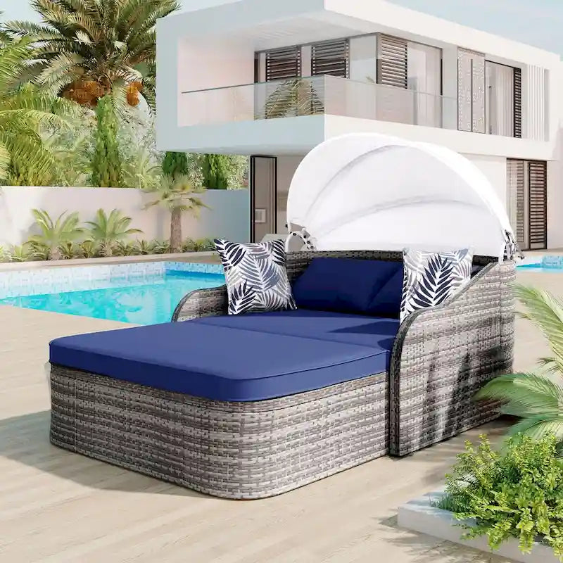 Oaks Aura Outdoor Sunbed with Adjustable Canopy, Daybed With Pillows, Double lounge, PE Rattan Daybed