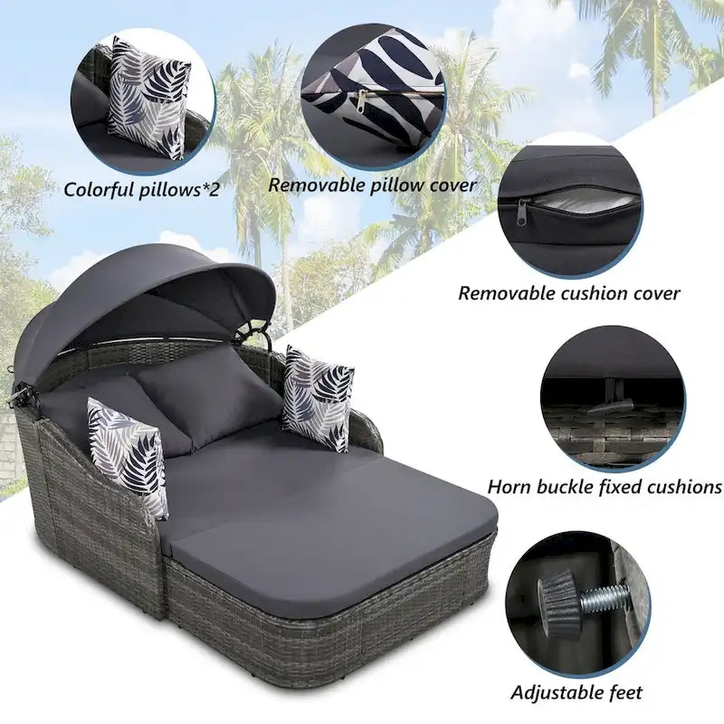 Oaks Aura Outdoor Sunbed with Adjustable Canopy, Daybed With Pillows, Double lounge, PE Rattan Daybed