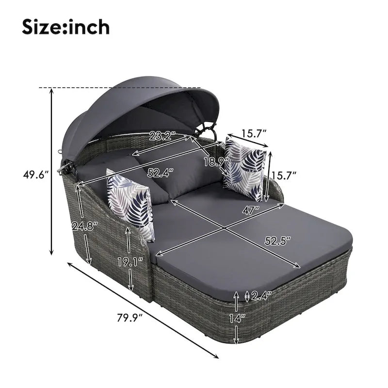 Oaks Aura Outdoor Sunbed with Adjustable Canopy, Daybed With Pillows, Double lounge, PE Rattan Daybed