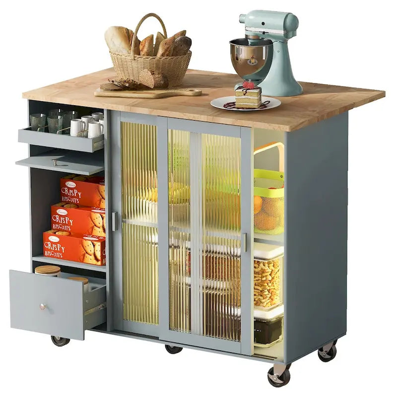 Kitchen Island Cart with Drop Leaf, LED Light, Fluted Glass Doors, Adjustable Shelf, and 2 Drawers