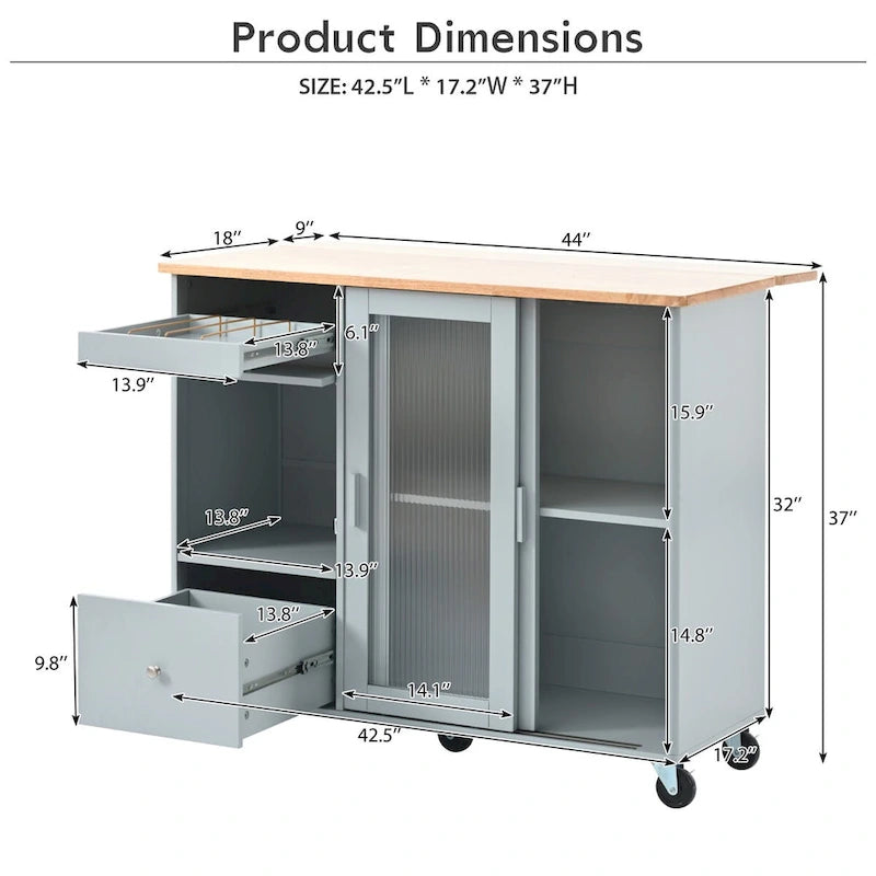 Kitchen Island Cart with Drop Leaf, LED Light, Fluted Glass Doors, Adjustable Shelf, and 2 Drawers