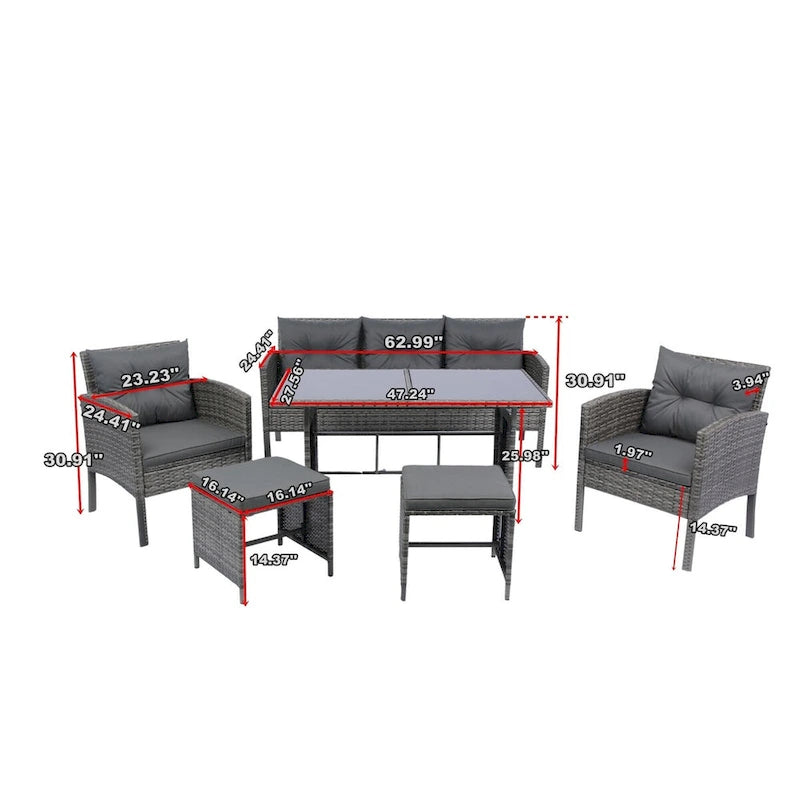 ACROMA 6-piece Rattan Wicker Patio Furniture Set-Outdoor with coffee table