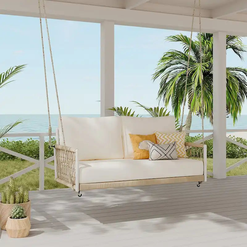 Nestfair Woven Rope Outdoor Swing Sofa with Soft Cushions Seating