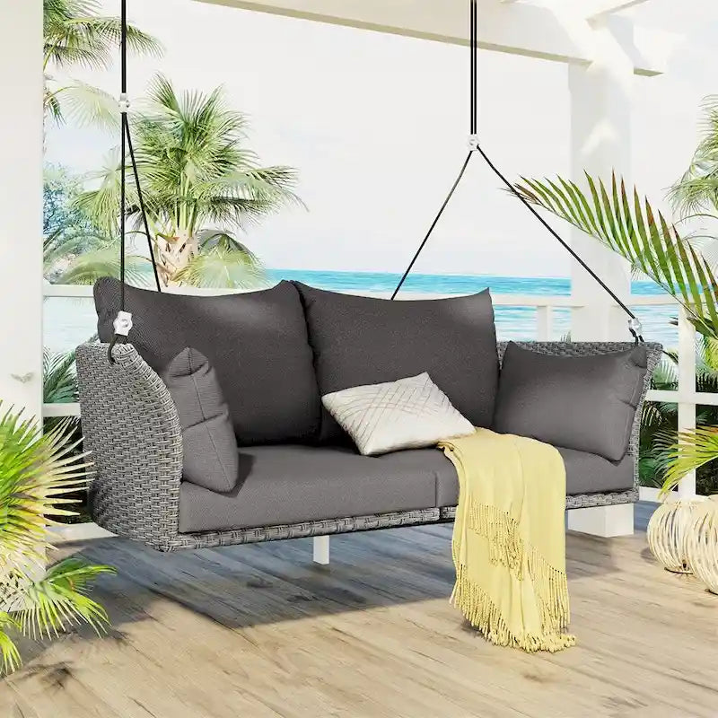 2 Seater Rattan Woven Swing Chair with Ropes and Cushion