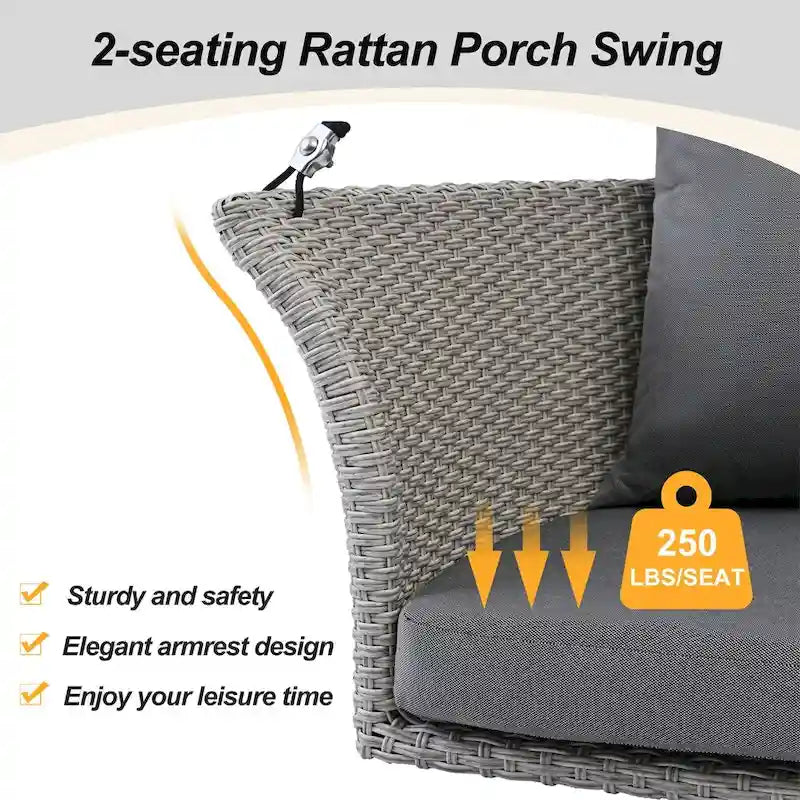 2 Seater Rattan Woven Swing Chair with Ropes and Cushion