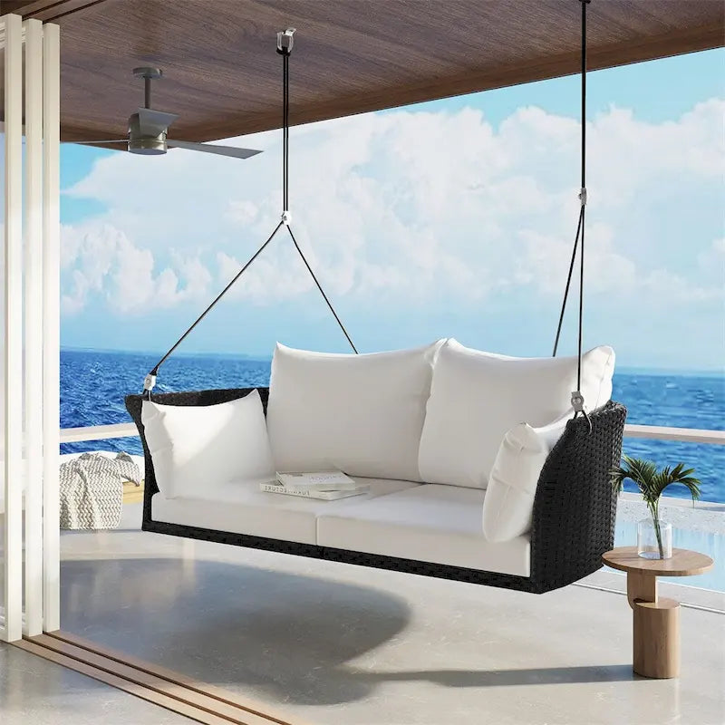 2 Seater Rattan Woven Swing Chair with Ropes and Cushion