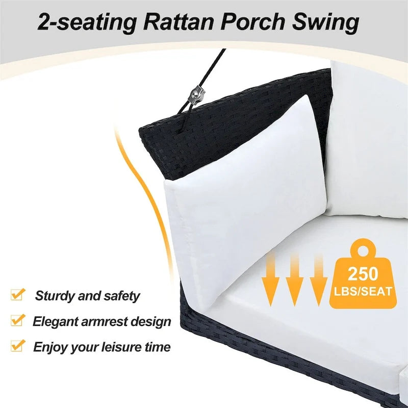 2 Seater Rattan Woven Swing Chair with Ropes and Cushion