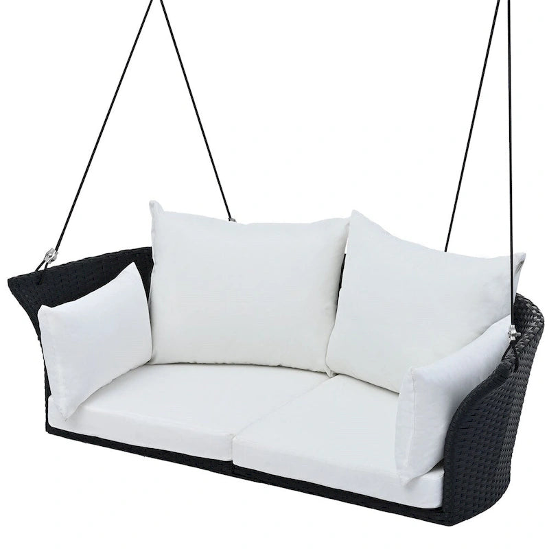 2 Seater Rattan Woven Swing Chair with Ropes and Cushion
