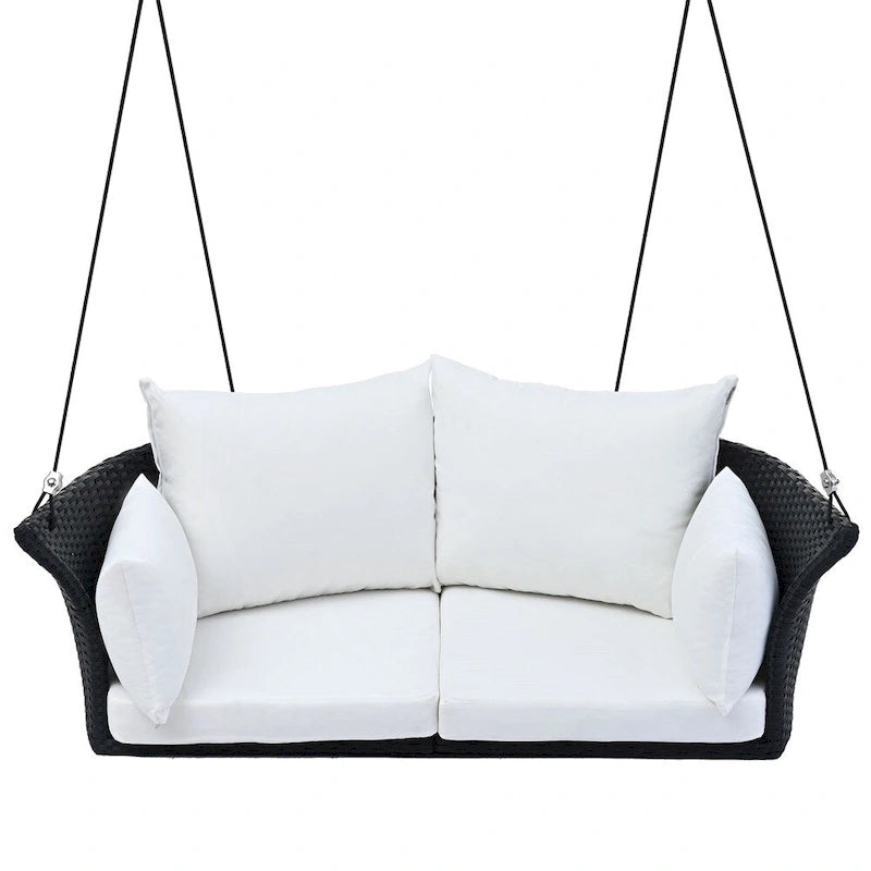 2 Seater Rattan Woven Swing Chair with Ropes and Cushion