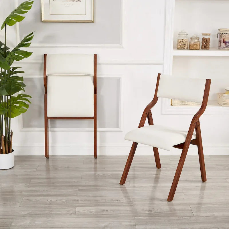 Upholstered Folding Dining Chair, Space Saving, Easy To Carry, Dining Room, 2-Pack-Cream White+Cherry