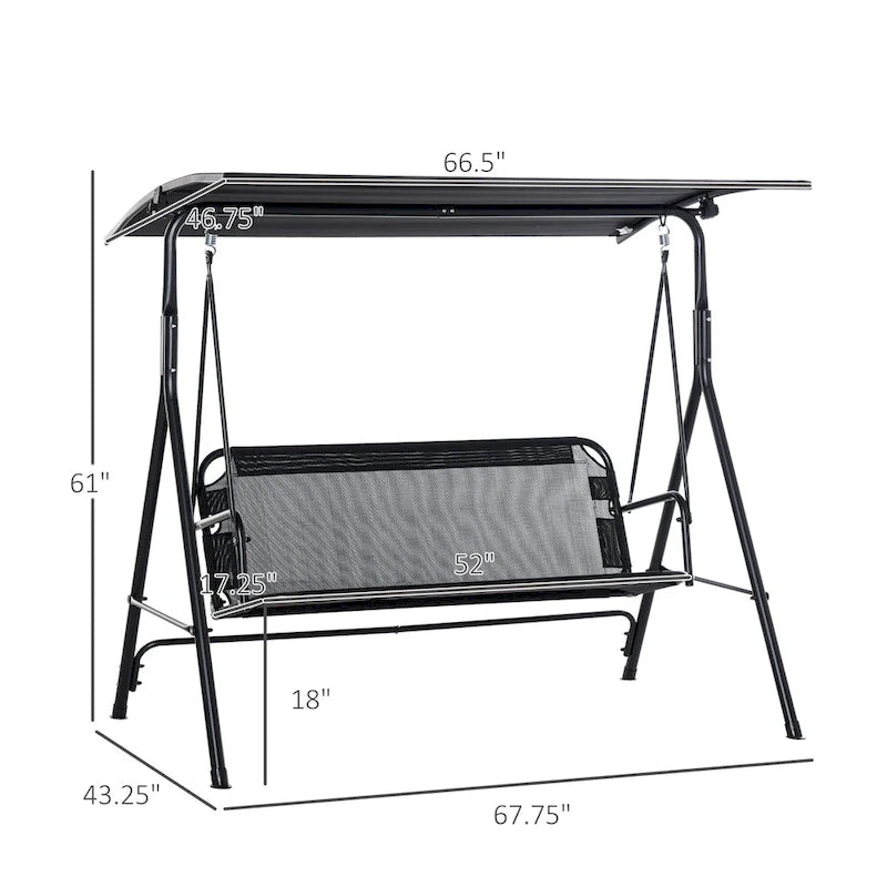 67.75 in. 2-Person Black Metal Patio Swing with Adjustable Tilt Canopy