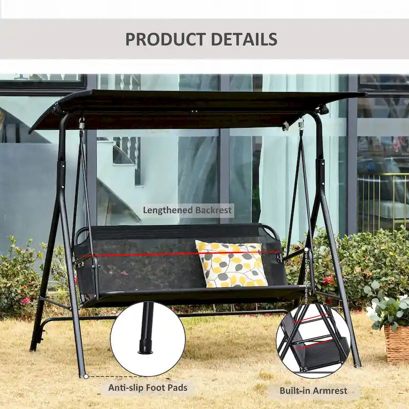 67.75 in. 2-Person Black Metal Patio Swing with Adjustable Tilt Canopy