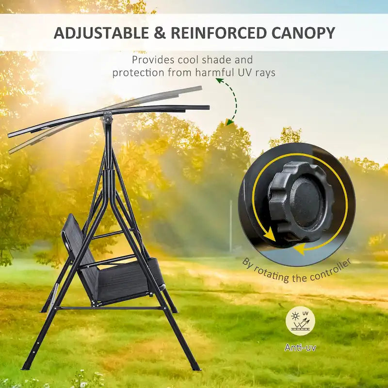67.75 in. 2-Person Black Metal Patio Swing with Adjustable Tilt Canopy