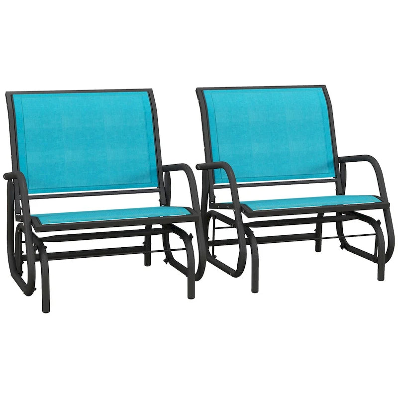 Porch Glider Set of 2, Metal Frame Swing Glider Chairs with Breathable Mesh Fabric, Curved Armrests and Steel Frame