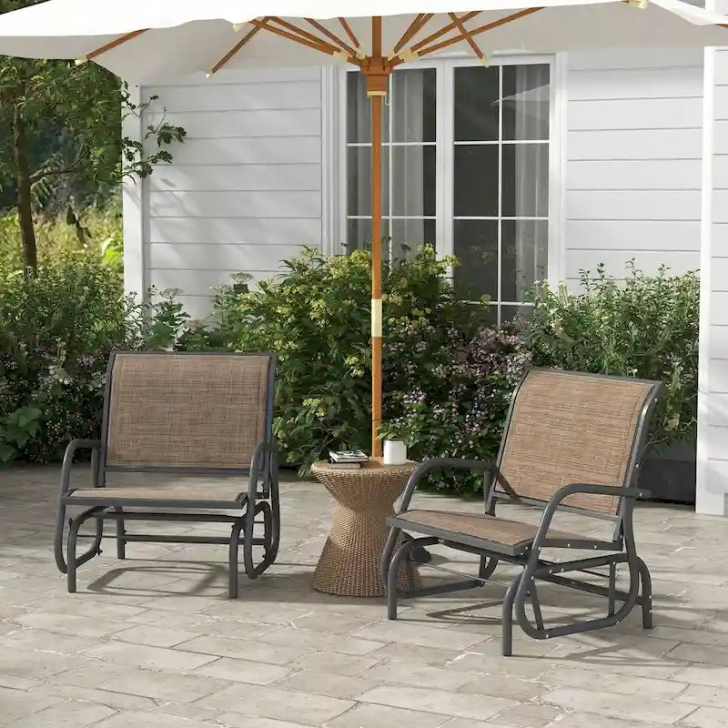 Porch Glider Set of 2, Metal Frame Swing Glider Chairs with Breathable Mesh Fabric, Curved Armrests and Steel Frame