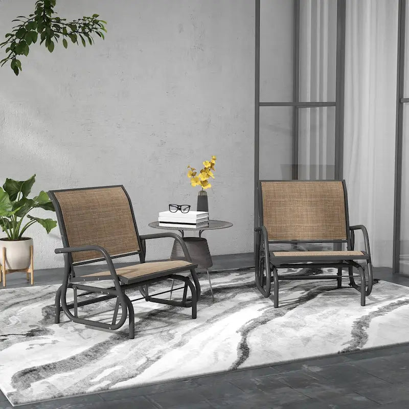 Porch Glider Set of 2, Metal Frame Swing Glider Chairs with Breathable Mesh Fabric, Curved Armrests and Steel Frame