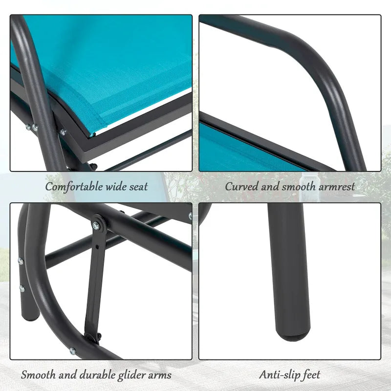 Porch Glider Set of 2, Metal Frame Swing Glider Chairs with Breathable Mesh Fabric, Curved Armrests and Steel Frame