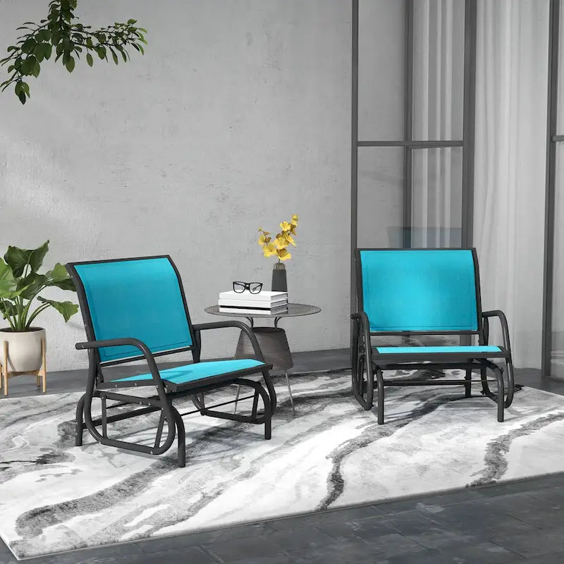 Porch Glider Set of 2, Metal Frame Swing Glider Chairs with Breathable Mesh Fabric, Curved Armrests and Steel Frame
